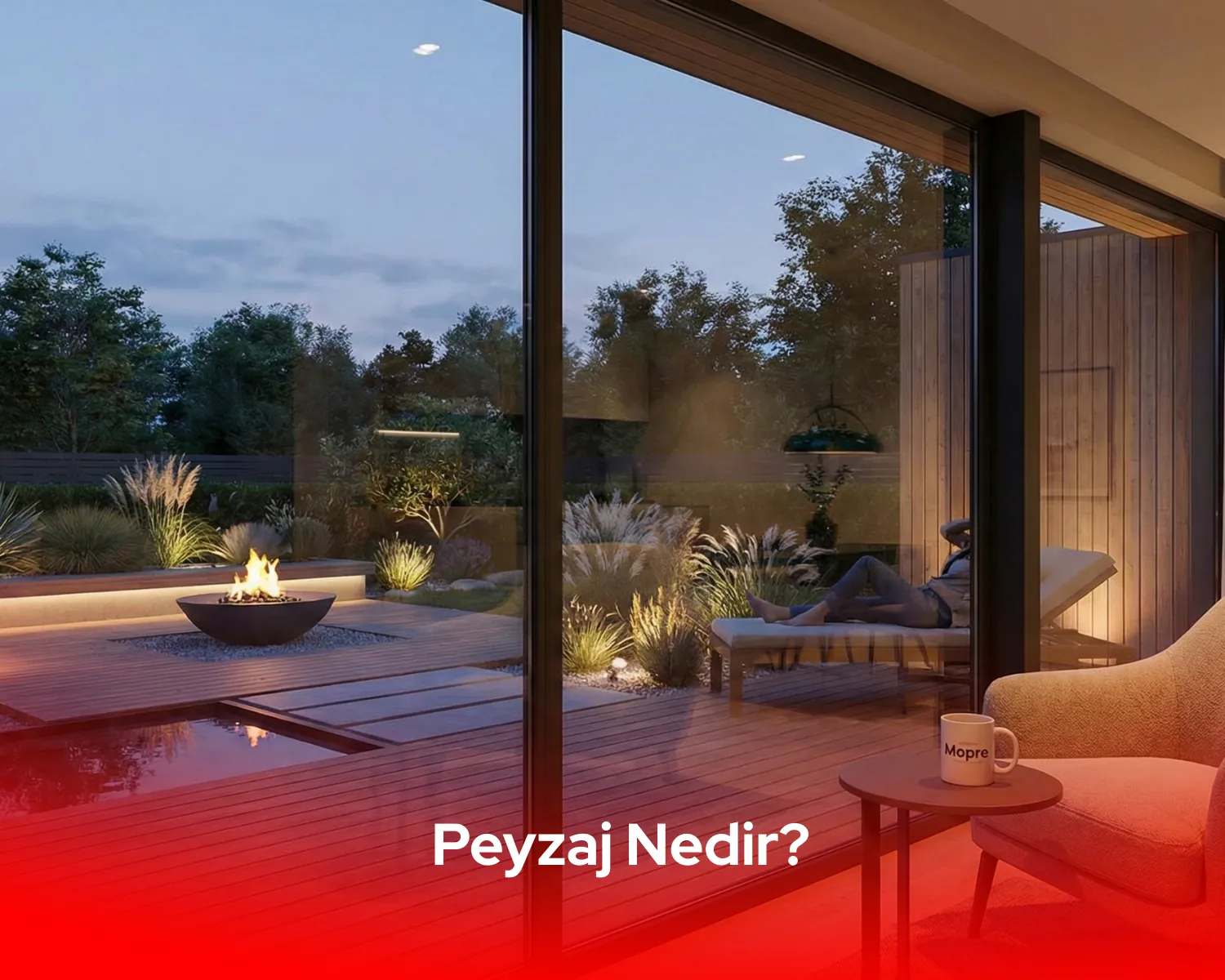 Modern Mopre modüler evleri ile kusursuz uyum sağlayan minimalist peyzaj tasarımı ve bahçe düzenleme örneği.