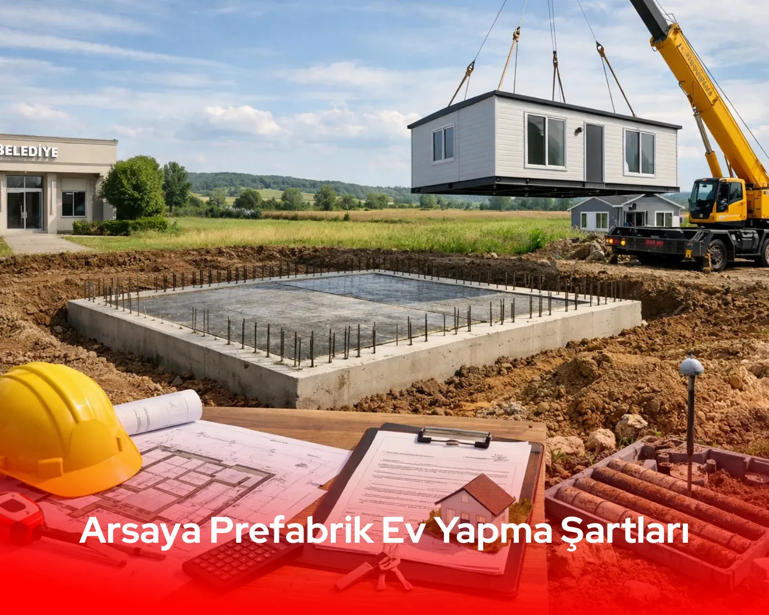 Arsaya prefabrik ev yapma şartları sürecinde arsa imar durumu belgesi ve proje çizimleri masada, prefabrik ev planlaması detaylandırılıyor