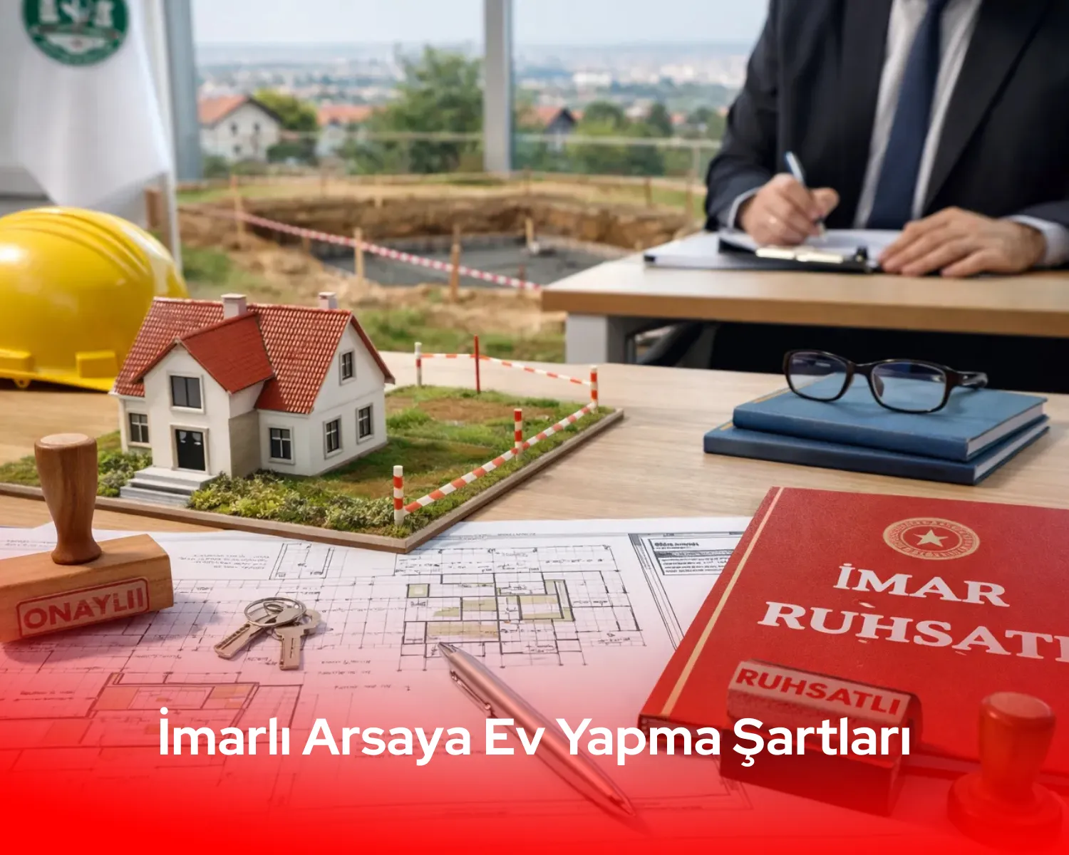 İmarlı arsaya ev yapma şartları sürecini anlatan, arsa sınırları belirlenmiş şantiye alanı ve temel hazırlığı fotoğrafı