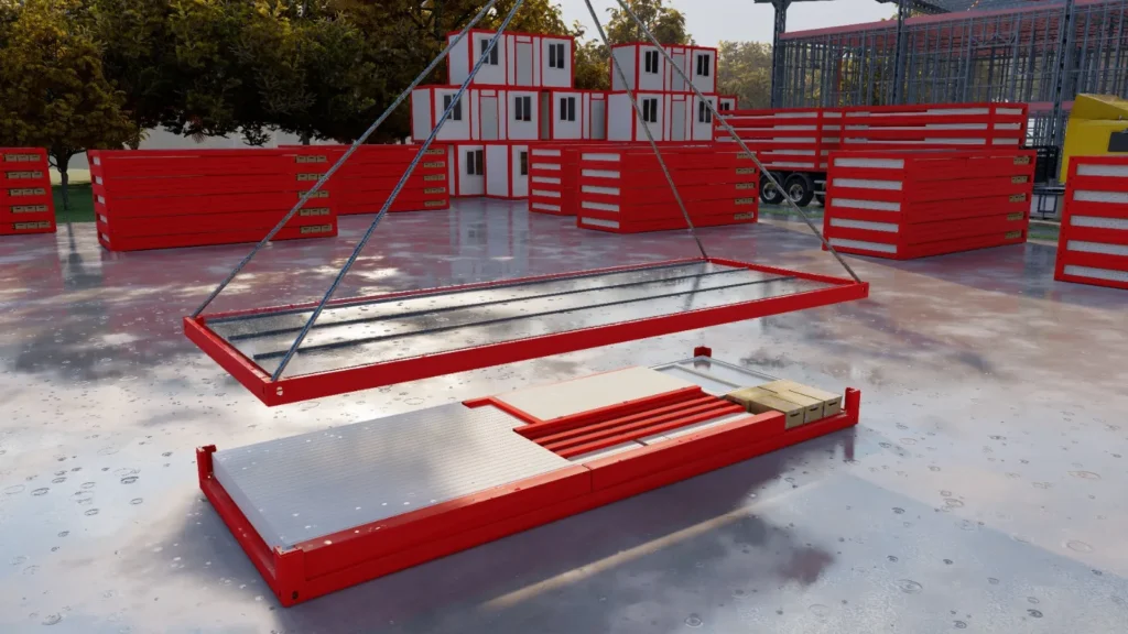 Modüler konteyner yapı kurulumu sırasında vinçle taşınan panel sistemi, kırmızı yapı elemanları ve sahada konumlandırılmış konteyner üniteleri.