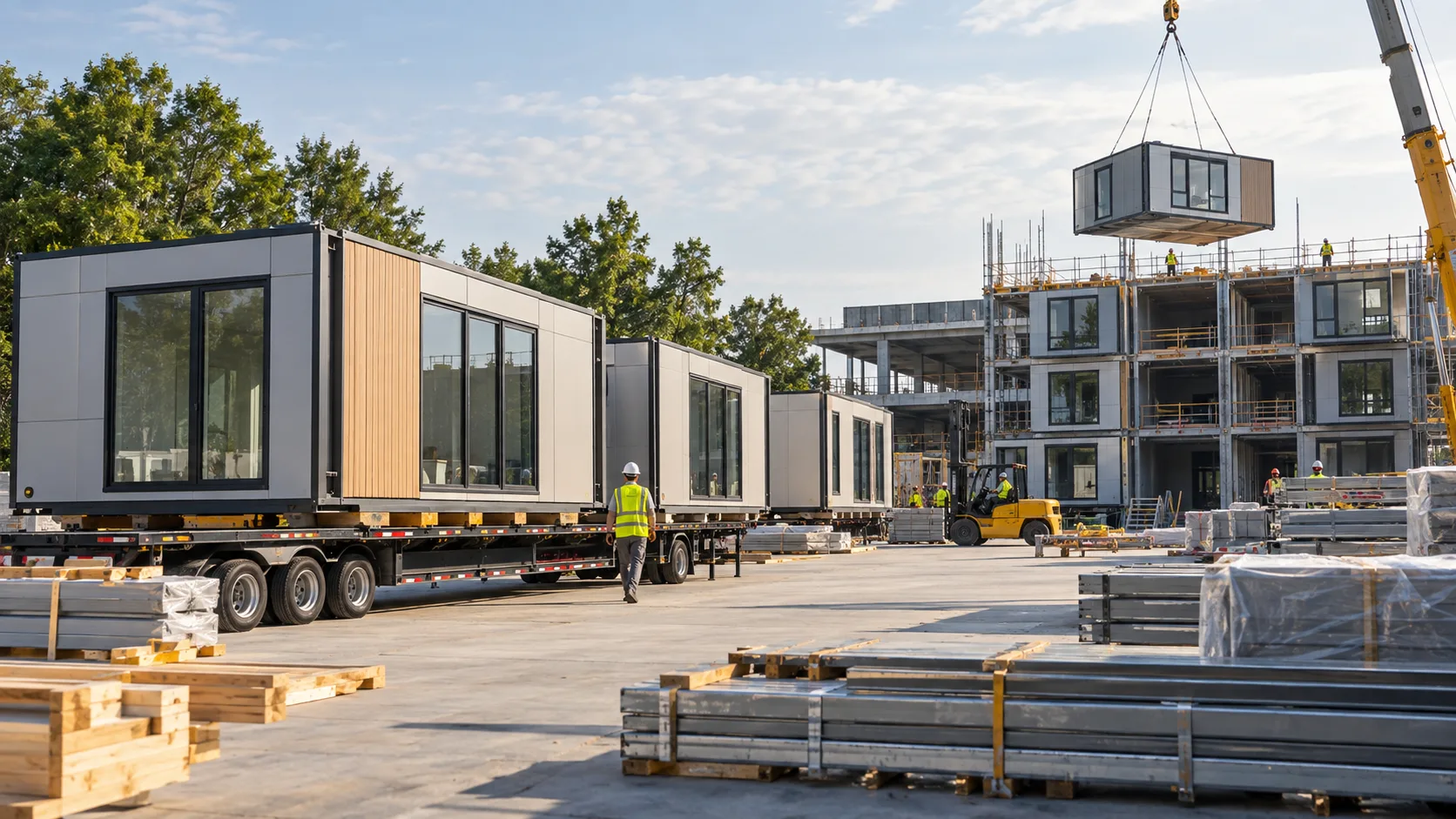 Prefabrike yapı elemanlarının bir fabrikada üretildiği ve şantiye alanında birleştirilmeye hazırlandığı modern bir off-site